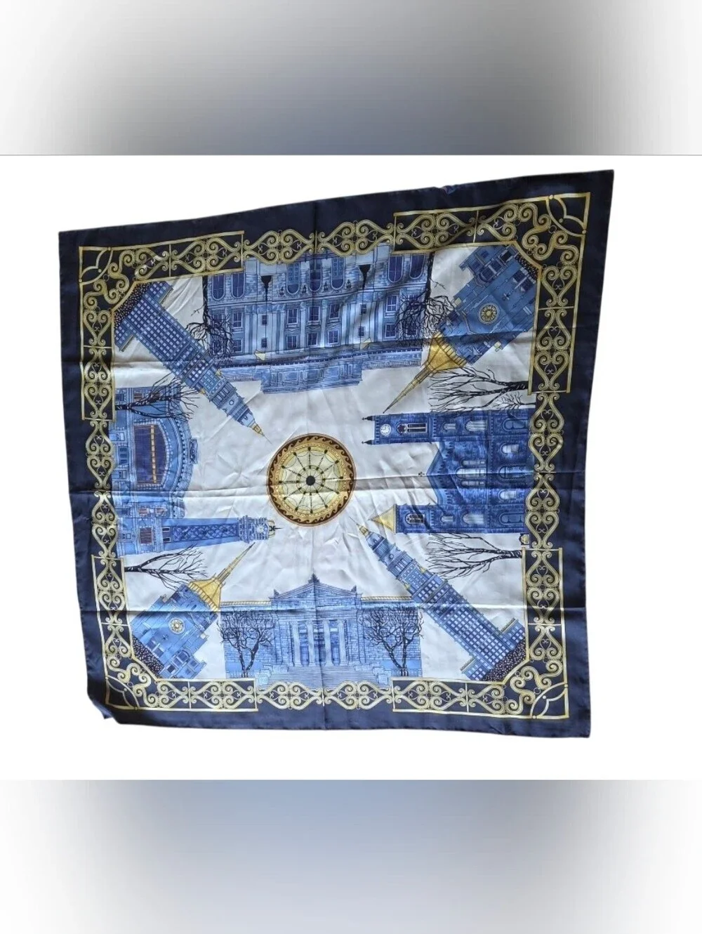 Cecy Jones J & J Designs Hand Rolled Square Silk Scarf Architecture Cityscape